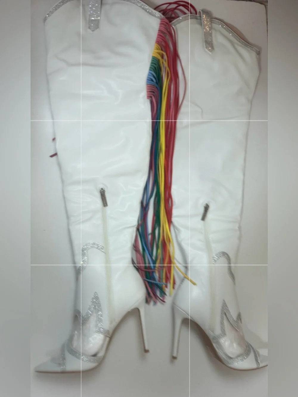 Cape Robbin Lise White Rainbow Fringe Cargo Western Thigh High Boots NWOT 8.5